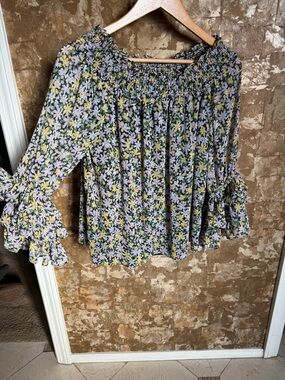 CeCe Floral Smocked Off-Shoulder Blouse in Purple and Green M